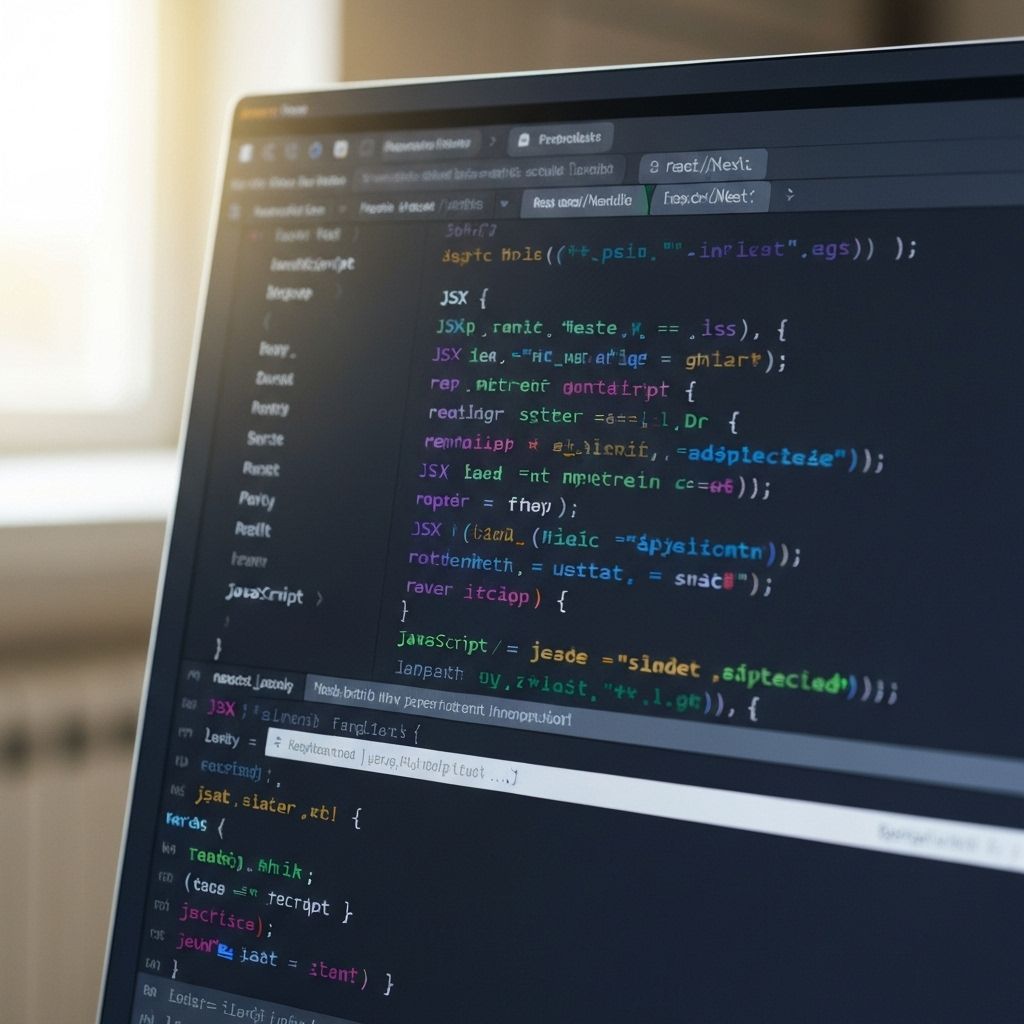 Pantalla de código mostrando desarrollo React/Next.js con sintaxis moderna