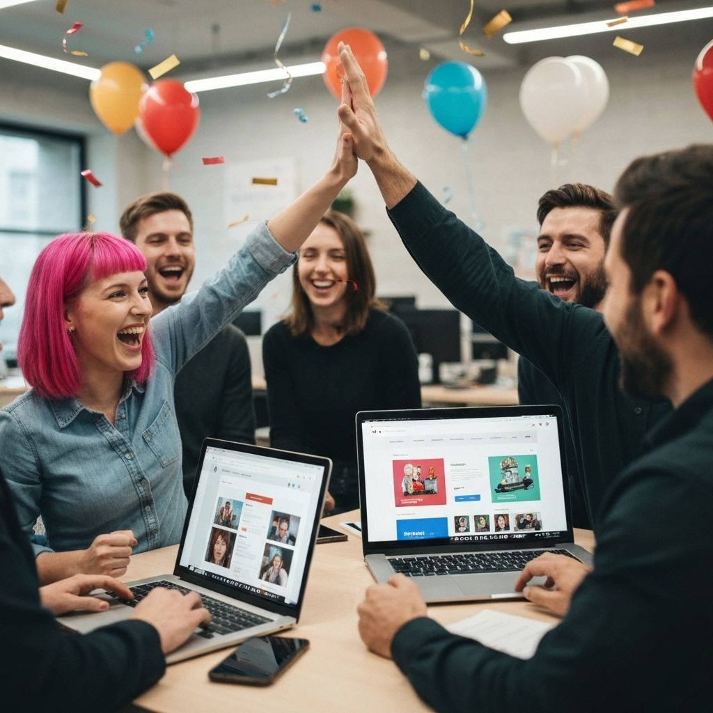 Equipo de TheGoodWeb.es celebrando el éxito de un proyecto completado con high-five